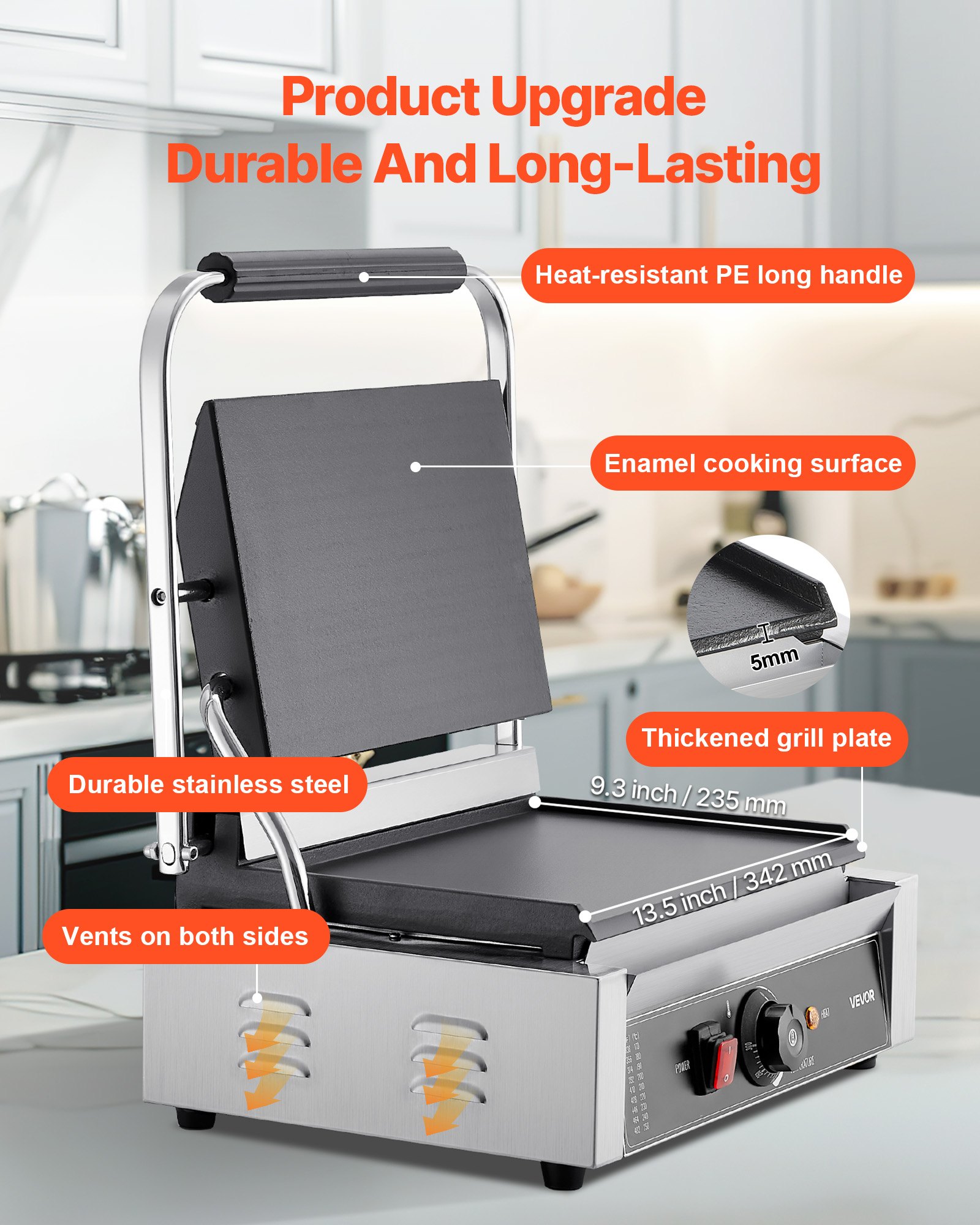 VEVOR Commercial Panini Grill, 2200W Electric Sandwich Panini Maker, Stainless Steel Sandwichs Press Grill with Handle and Temp Control, 34x23 cm Full Flat Enamel Plate, for Hamburger Steak Bacon