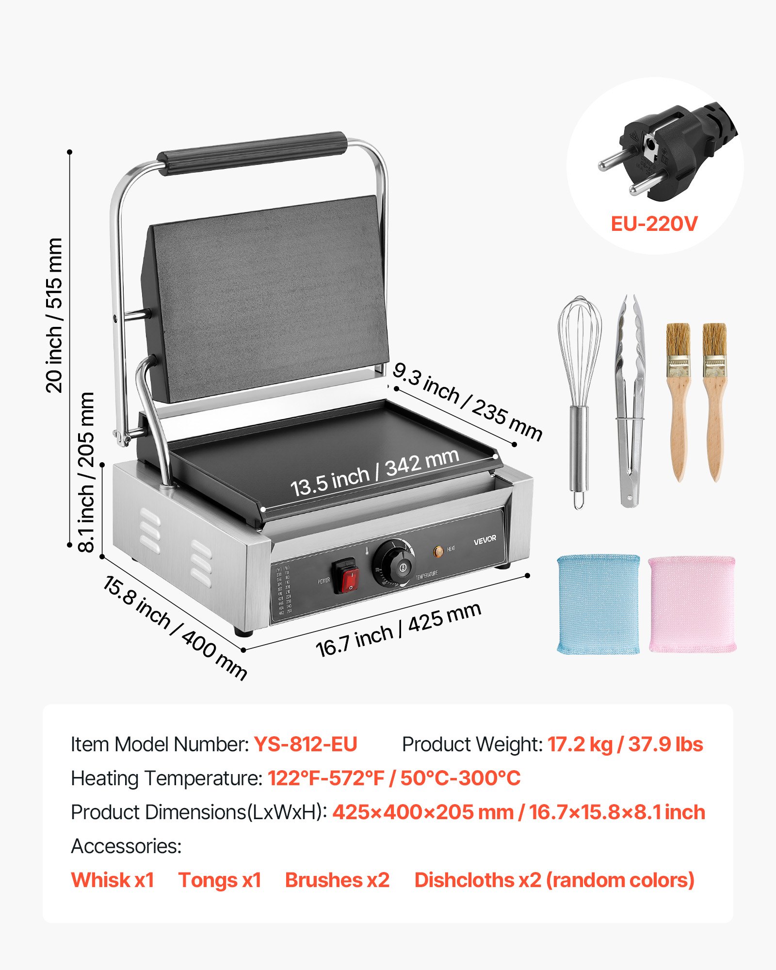 VEVOR Commercial Panini Grill, 2200W Electric Sandwich Panini Maker, Stainless Steel Sandwichs Press Grill with Handle and Temp Control, 34x23 cm Full Flat Enamel Plate, for Hamburger Steak Bacon