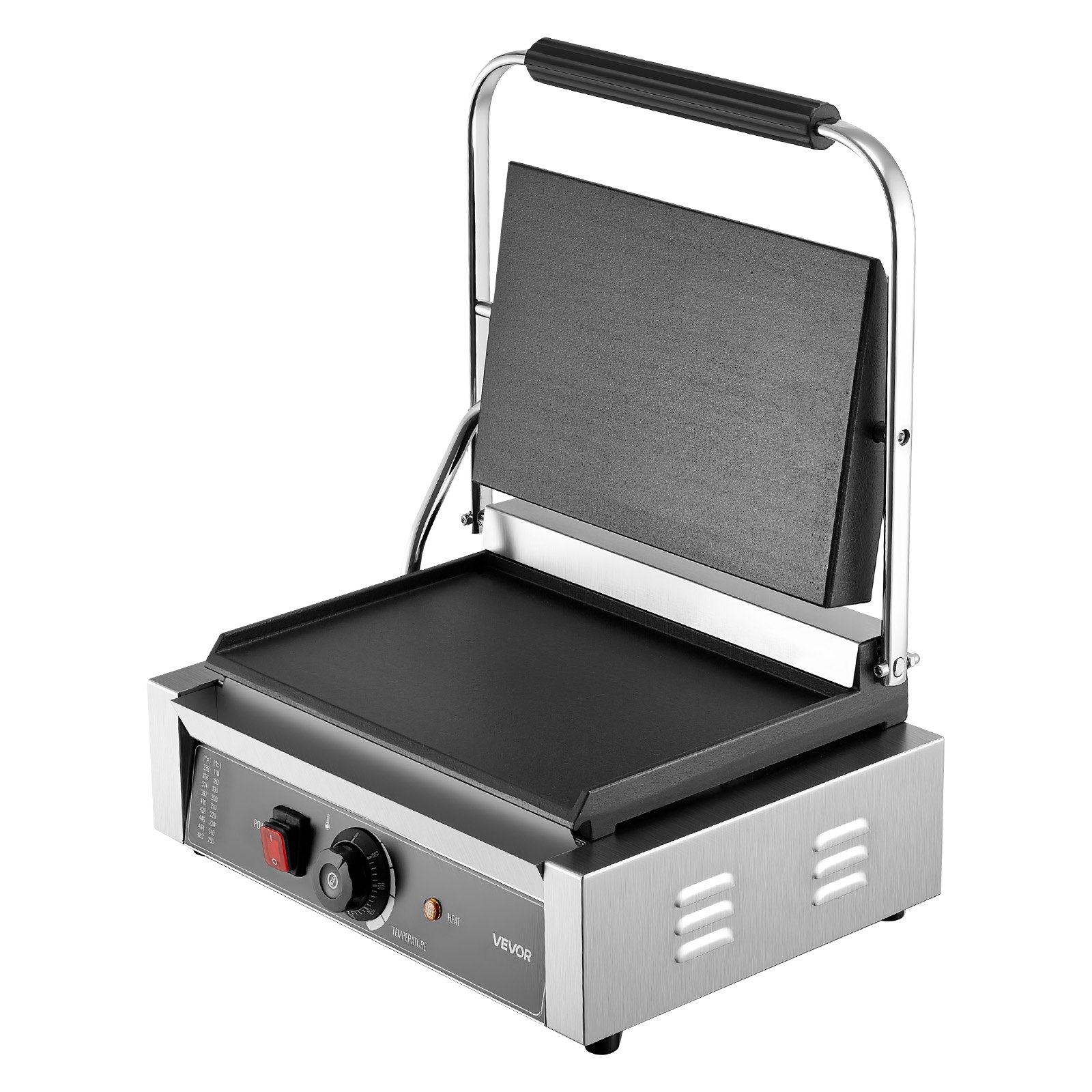 VEVOR Commercial Panini Grill, 2200W Electric Sandwich Panini Maker, Stainless Steel Sandwichs Press Grill with Handle and Temp Control, 34x23 cm Full Flat Enamel Plate, for Hamburger Steak Bacon