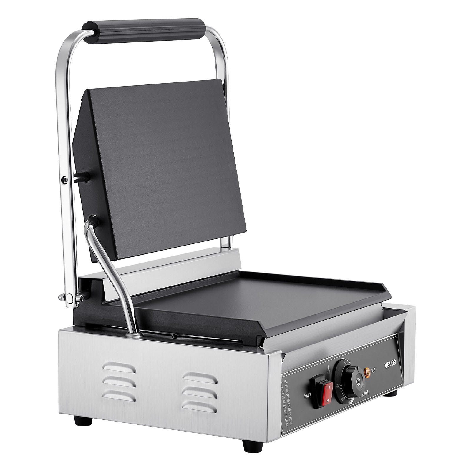 VEVOR Commercial Panini Grill, 2200W Electric Sandwich Panini Maker, Stainless Steel Sandwichs Press Grill with Handle and Temp Control, 34x23 cm Full Flat Enamel Plate, for Hamburger Steak Bacon