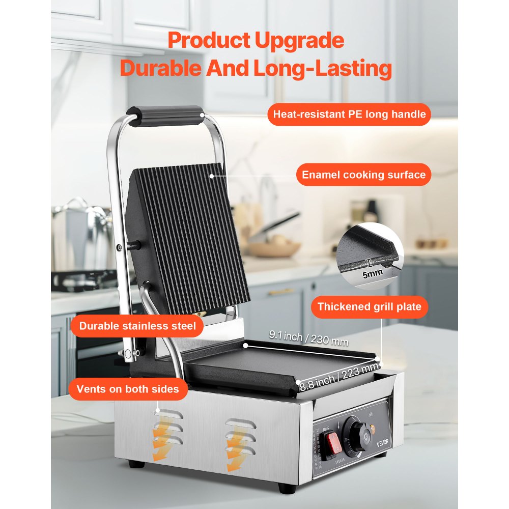VEVOR Commercial Panini Grill, 1800W Electric Sandwich Panini Maker, Stainless Steel Sandwichs Press Grill with Handle and Temp Control, 22x23 cm Flat Enamel Plate, for Hamburger Steak Bacon