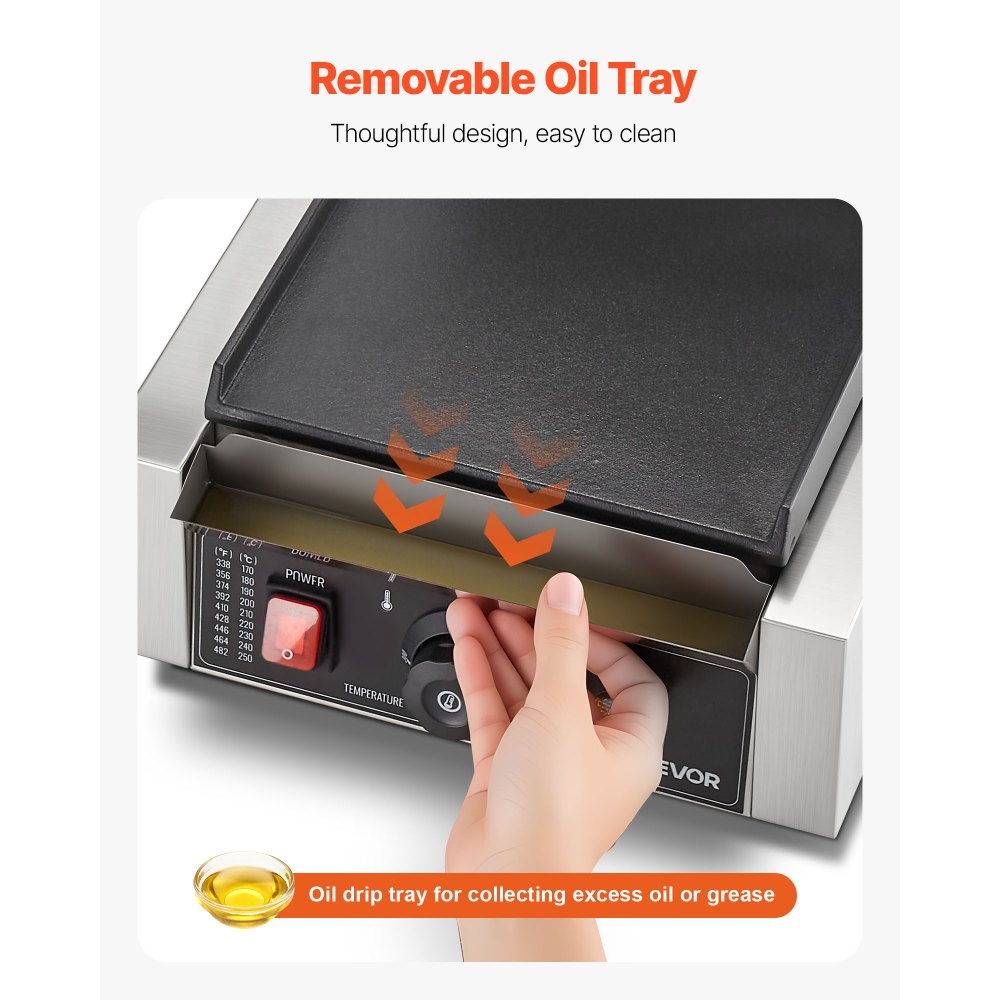 VEVOR Commercial Panini Grill, 1800W Electric Sandwich Panini Maker, Stainless Steel Sandwichs Press Grill with Handle and Temp Control, 22x23 cm Flat Enamel Plate, for Hamburger Steak Bacon