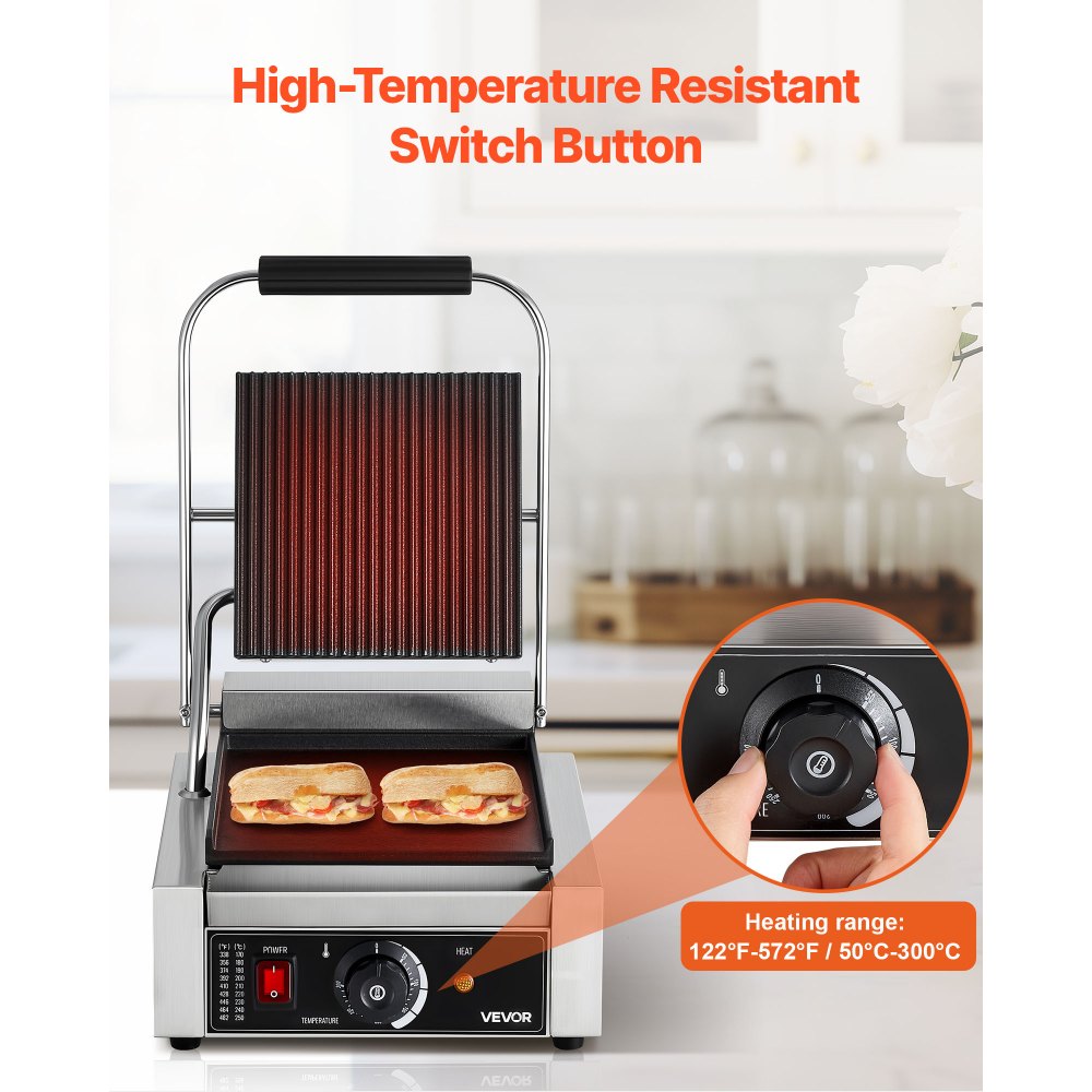 VEVOR Commercial Panini Grill, 1800W Electric Sandwich Panini Maker, Stainless Steel Sandwichs Press Grill with Handle and Temp Control, 22x23 cm Flat Enamel Plate, for Hamburger Steak Bacon
