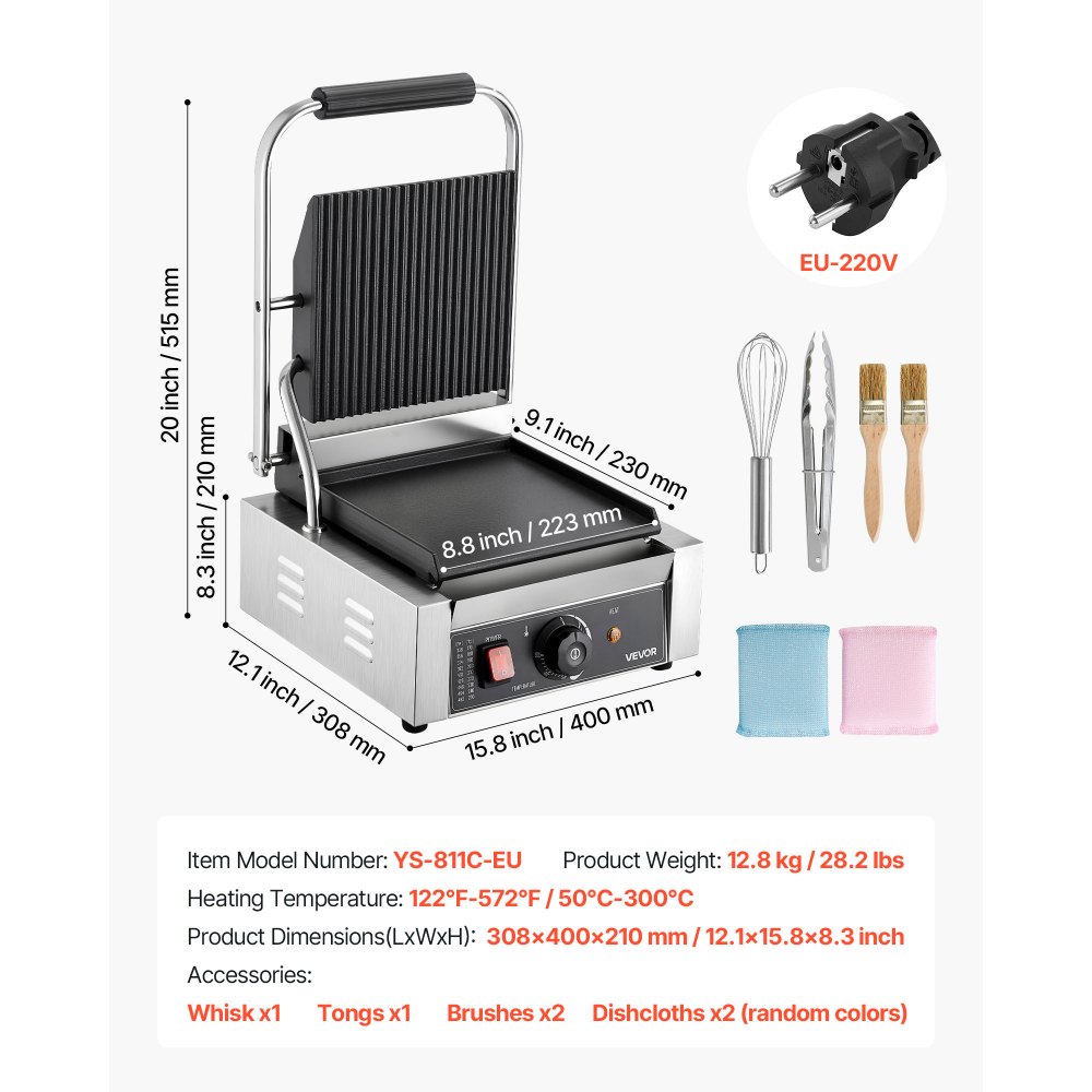 VEVOR Commercial Panini Grill, 1800W Electric Sandwich Panini Maker, Stainless Steel Sandwichs Press Grill with Handle and Temp Control, 22x23 cm Flat Enamel Plate, for Hamburger Steak Bacon
