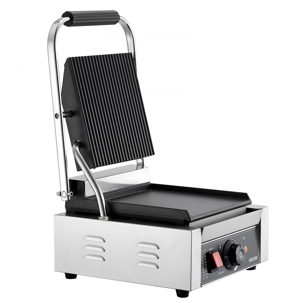 VEVOR Commercial Panini Grill, 1800W Electric Sandwich Panini Maker, Stainless Steel Sandwichs Press Grill with Handle and Temp Control, 22x23 cm Flat Enamel Plate, for Hamburger Steak Bacon
