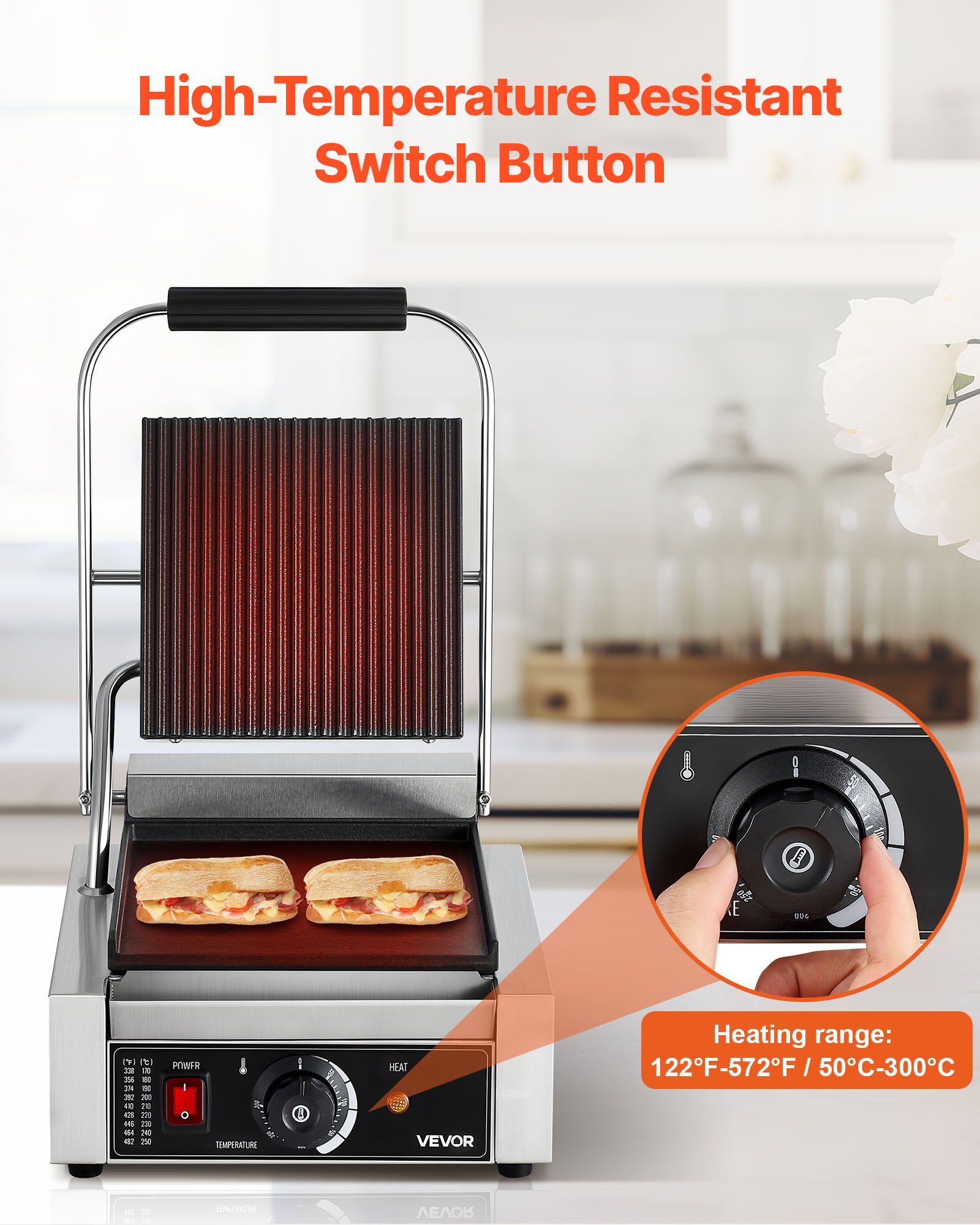 VEVOR Commercial Panini Grill, 1800W Electric Sandwich Panini Maker, Stainless Steel Sandwichs Press Grill with Handle and Temp Control, 22x23 cm Flat Enamel Plate, for Hamburger Steak Bacon