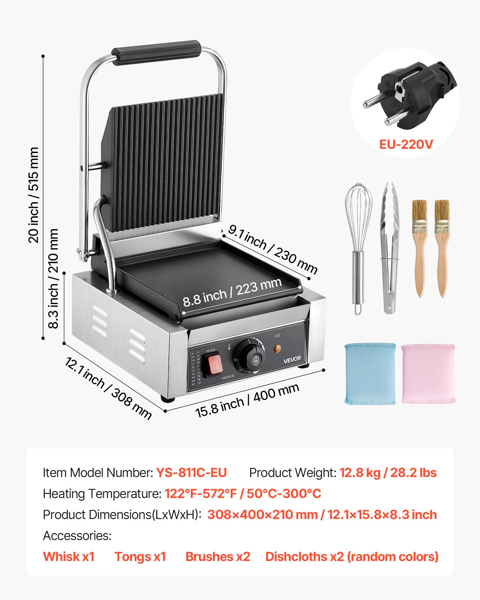 VEVOR Commercial Panini Grill, 1800W Electric Sandwich Panini Maker, Stainless Steel Sandwichs Press Grill with Handle and Temp Control, 22x23 cm Flat Enamel Plate, for Hamburger Steak Bacon
