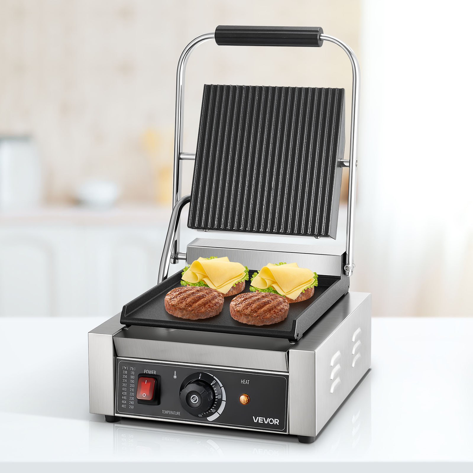 VEVOR Commercial Panini Grill, 1800W Electric Sandwich Panini Maker, Stainless Steel Sandwichs Press Grill with Handle and Temp Control, 22x23 cm Flat Enamel Plate, for Hamburger Steak Bacon