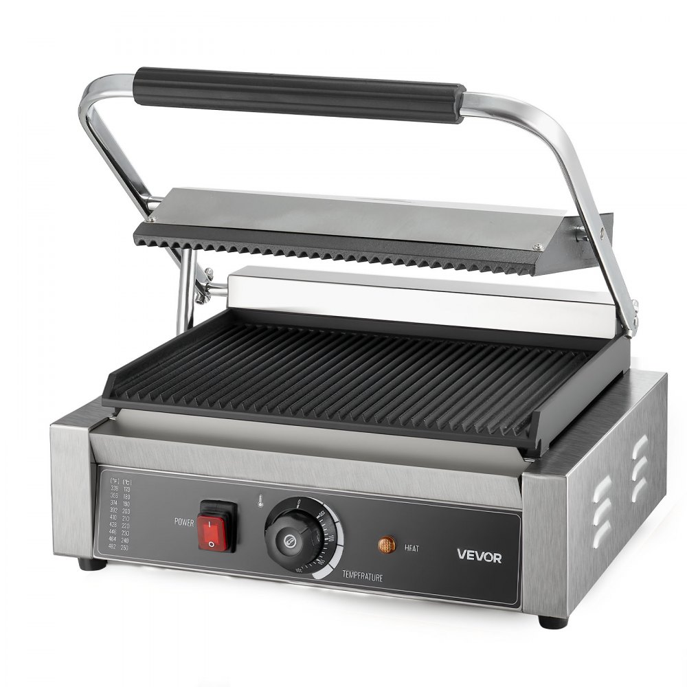 VEVOR Commercial Panini Grill, 2200W Electric Sandwich Panini Maker, Stainless Steel Sandwichs Press Grill with Handle and Temp Control, 34x23 cm Full Grooved Enamel Plate, for Hamburger Steak Bacon