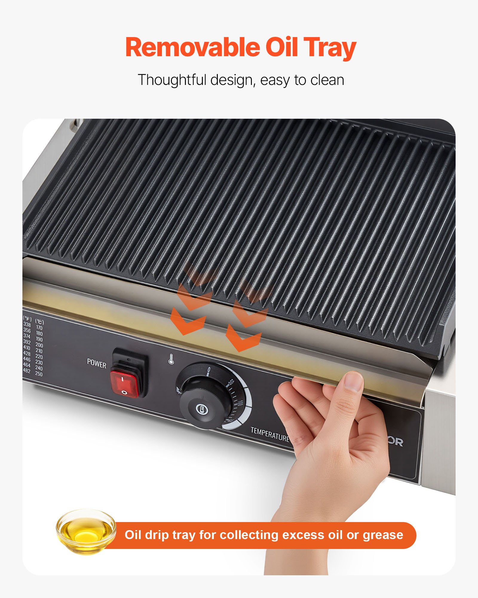 VEVOR Commercial Panini Grill, 2200W Electric Sandwich Panini Maker, Stainless Steel Sandwichs Press Grill with Handle and Temp Control, 34x23 cm Full Grooved Enamel Plate, for Hamburger Steak Bacon