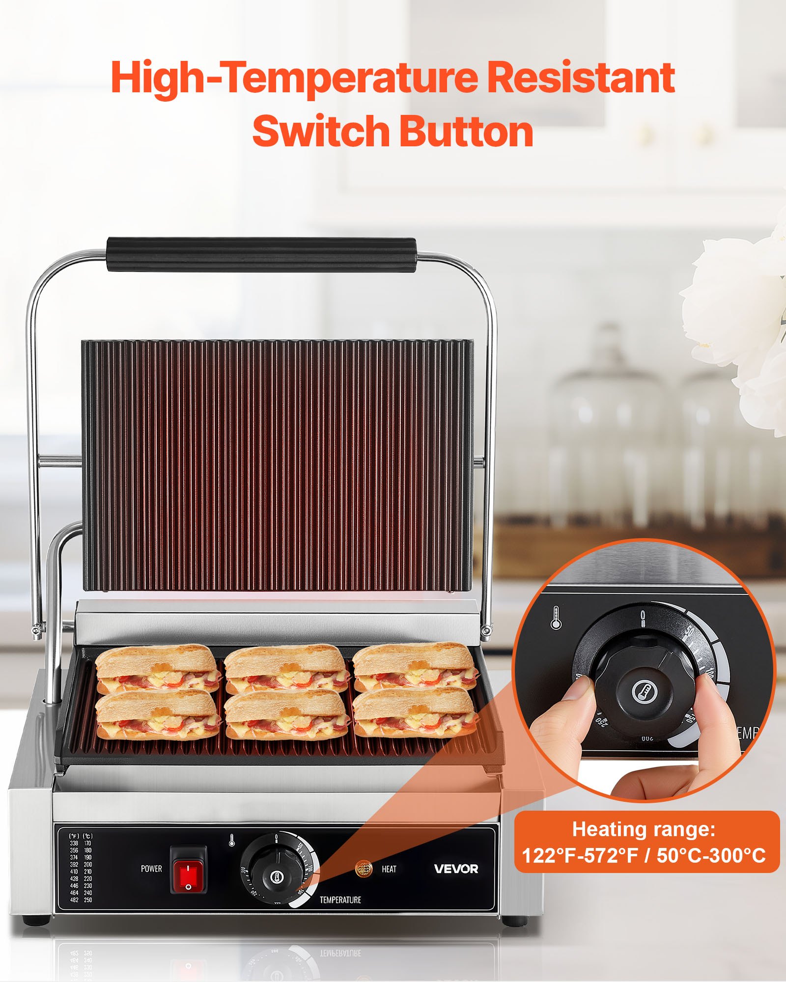 VEVOR Commercial Panini Grill, 2200W Electric Sandwich Panini Maker, Stainless Steel Sandwichs Press Grill with Handle and Temp Control, 34x23 cm Full Grooved Enamel Plate, for Hamburger Steak Bacon
