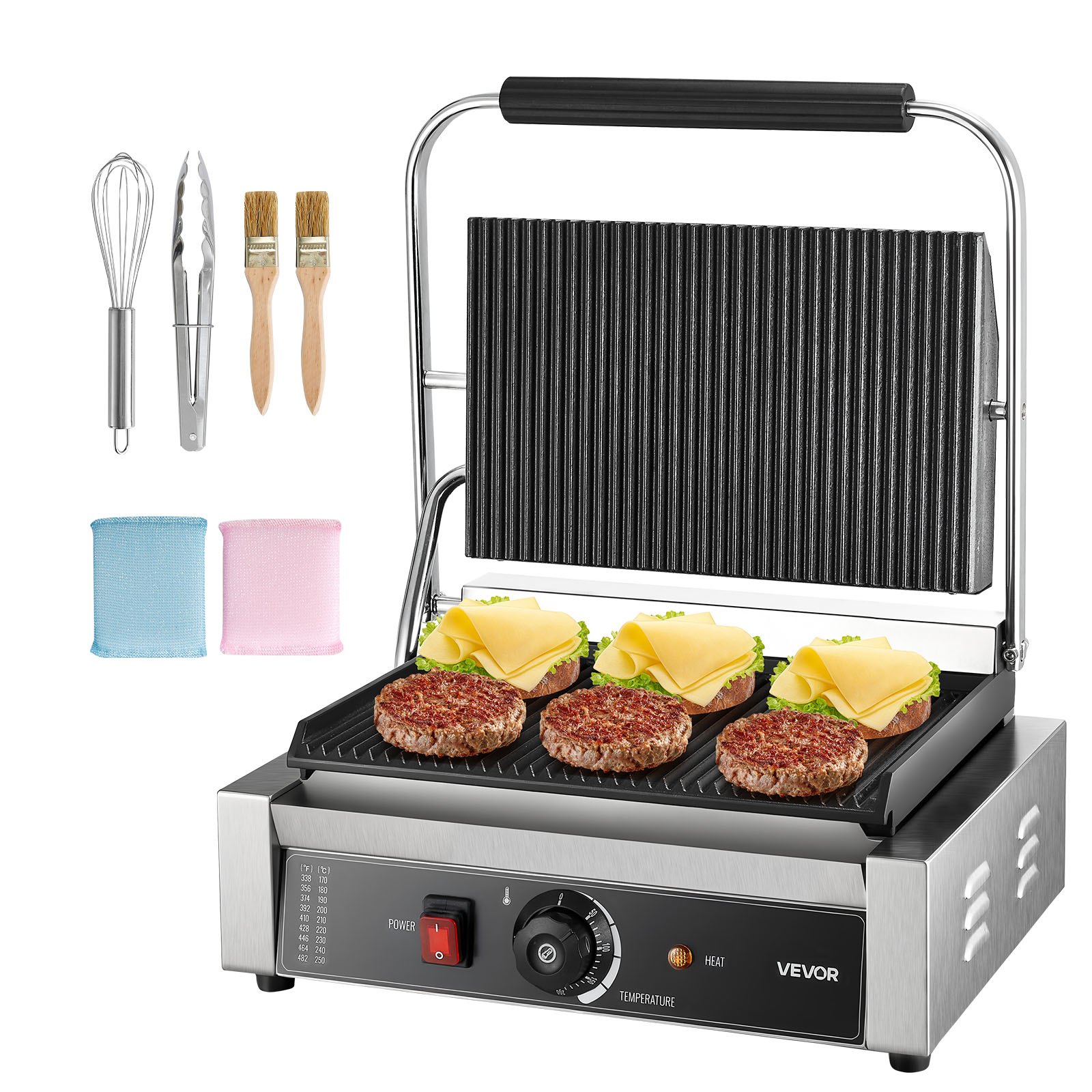 VEVOR Commercial Panini Grill, 2200W Electric Sandwich Panini Maker, Stainless Steel Sandwichs Press Grill with Handle and Temp Control, 34x23 cm Full Grooved Enamel Plate, for Hamburger Steak Bacon