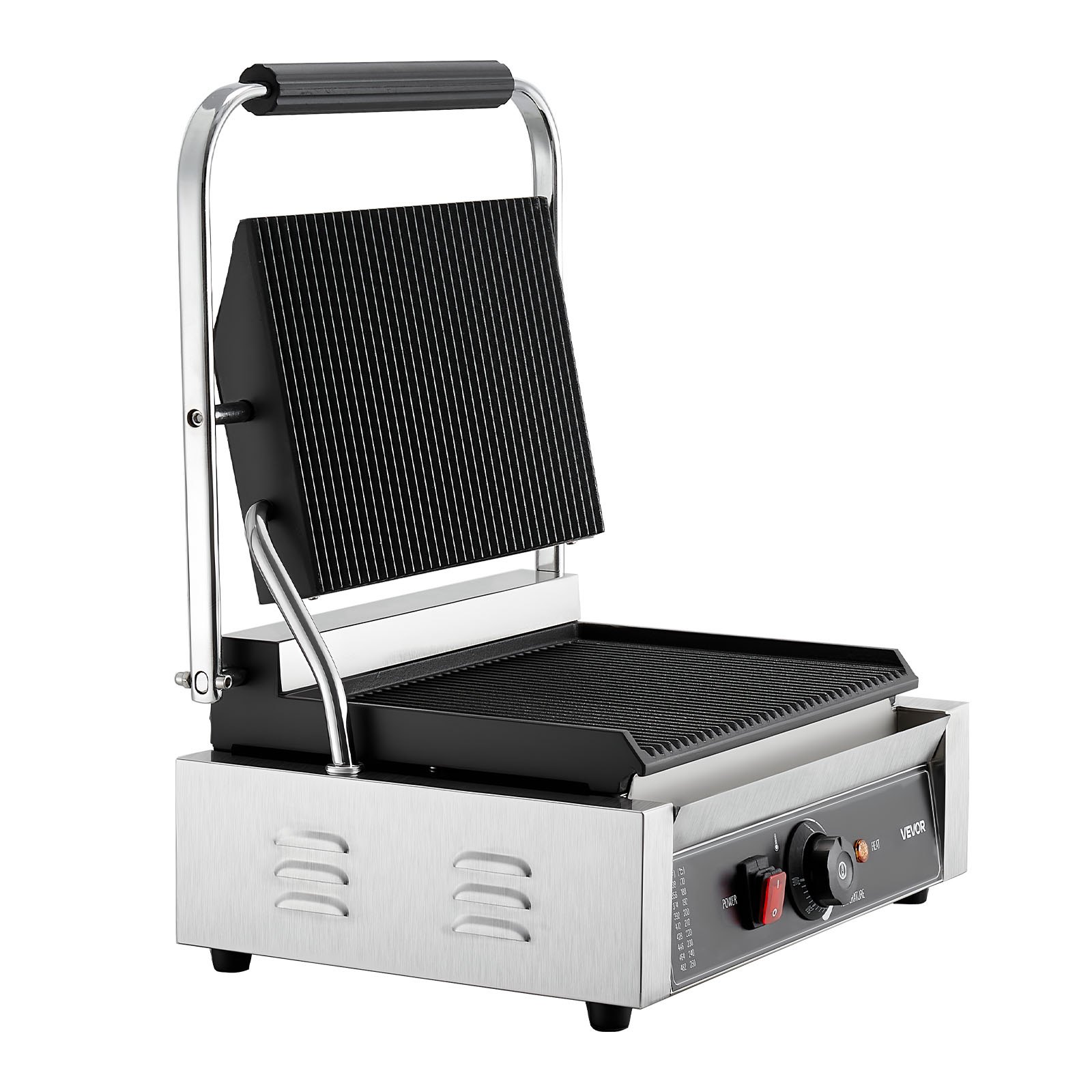 VEVOR Commercial Panini Grill, 2200W Electric Sandwich Panini Maker, Stainless Steel Sandwichs Press Grill with Handle and Temp Control, 34x23 cm Full Grooved Enamel Plate, for Hamburger Steak Bacon