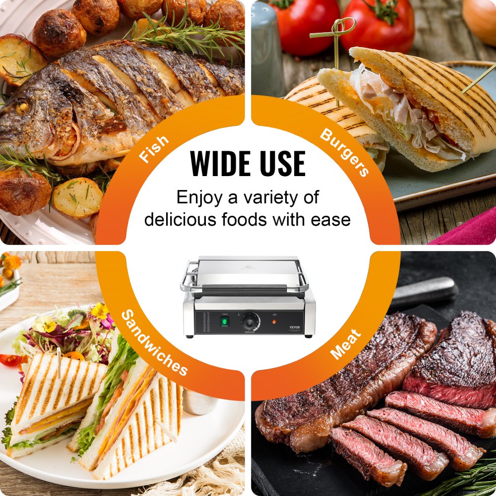 VEVOR Commercial Panini Press Grill Electric Sandwich Maker Griddle Plate 35.6x22.9 cm