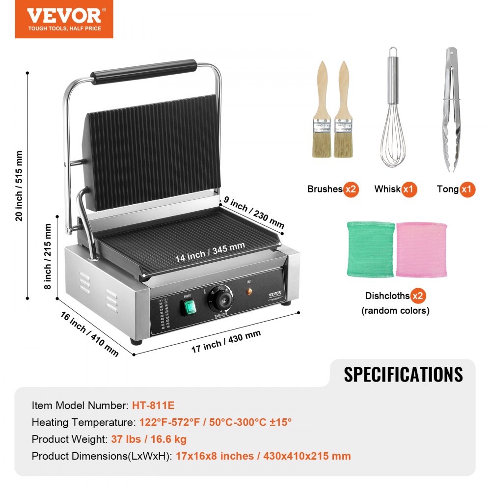 VEVOR Commercial Panini Press Grill Electric Sandwich Maker Griddle Plate 35.6x22.9 cm
