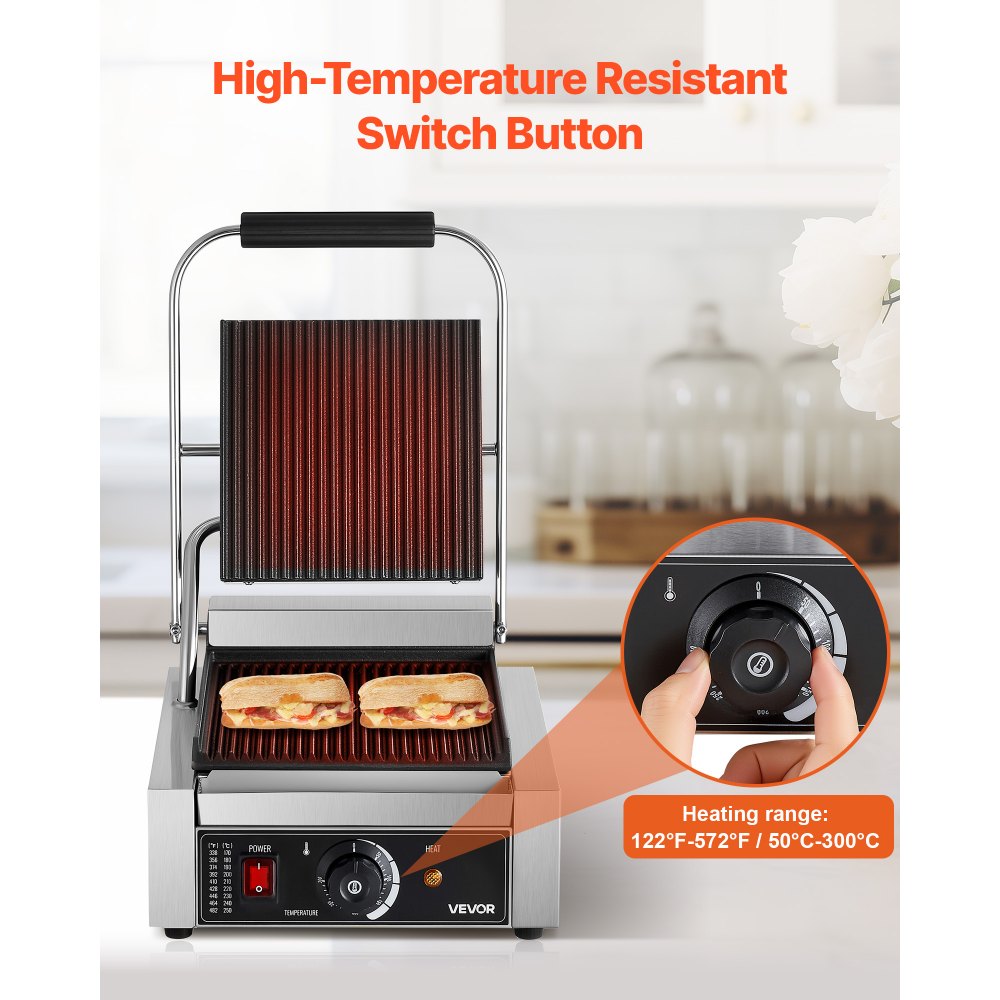 VEVOR Commercial Panini Grill, 1800W Electric Sandwich Panini Maker, Stainless Steel Sandwichs Press Grill with Handle and Temp Control, 22x23 cm Flat Enamel Plate, for Hamburger Steak Bacon