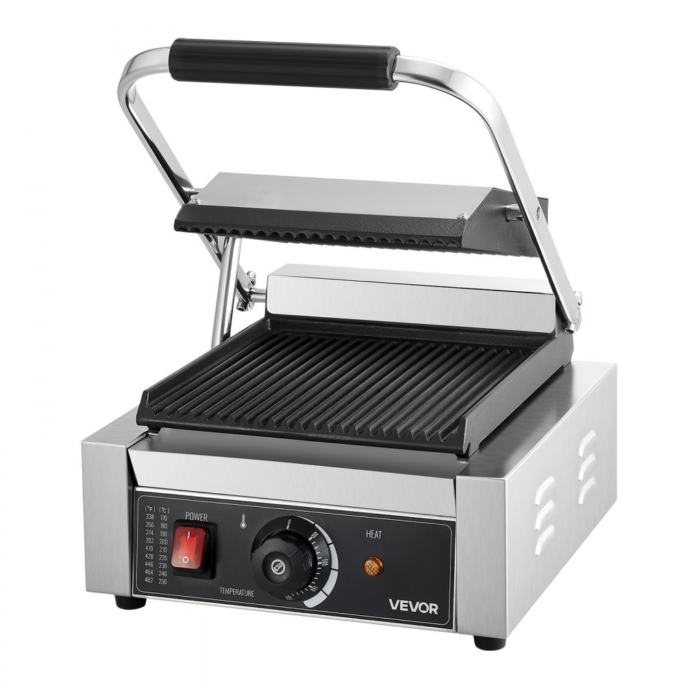 VEVOR Commercial Panini Grill, 1800W Electric Sandwich Panini Maker, Stainless Steel Sandwichs Press Grill with Handle and Temp Control, 22x23 cm Flat Enamel Plate, for Hamburger Steak Bacon