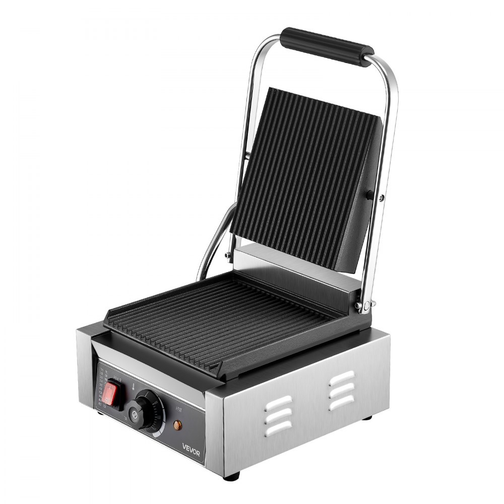 VEVOR Commercial Panini Grill, 1800W Electric Sandwich Panini Maker, Stainless Steel Sandwichs Press Grill with Handle and Temp Control, 22x23 cm Flat Enamel Plate, for Hamburger Steak Bacon
