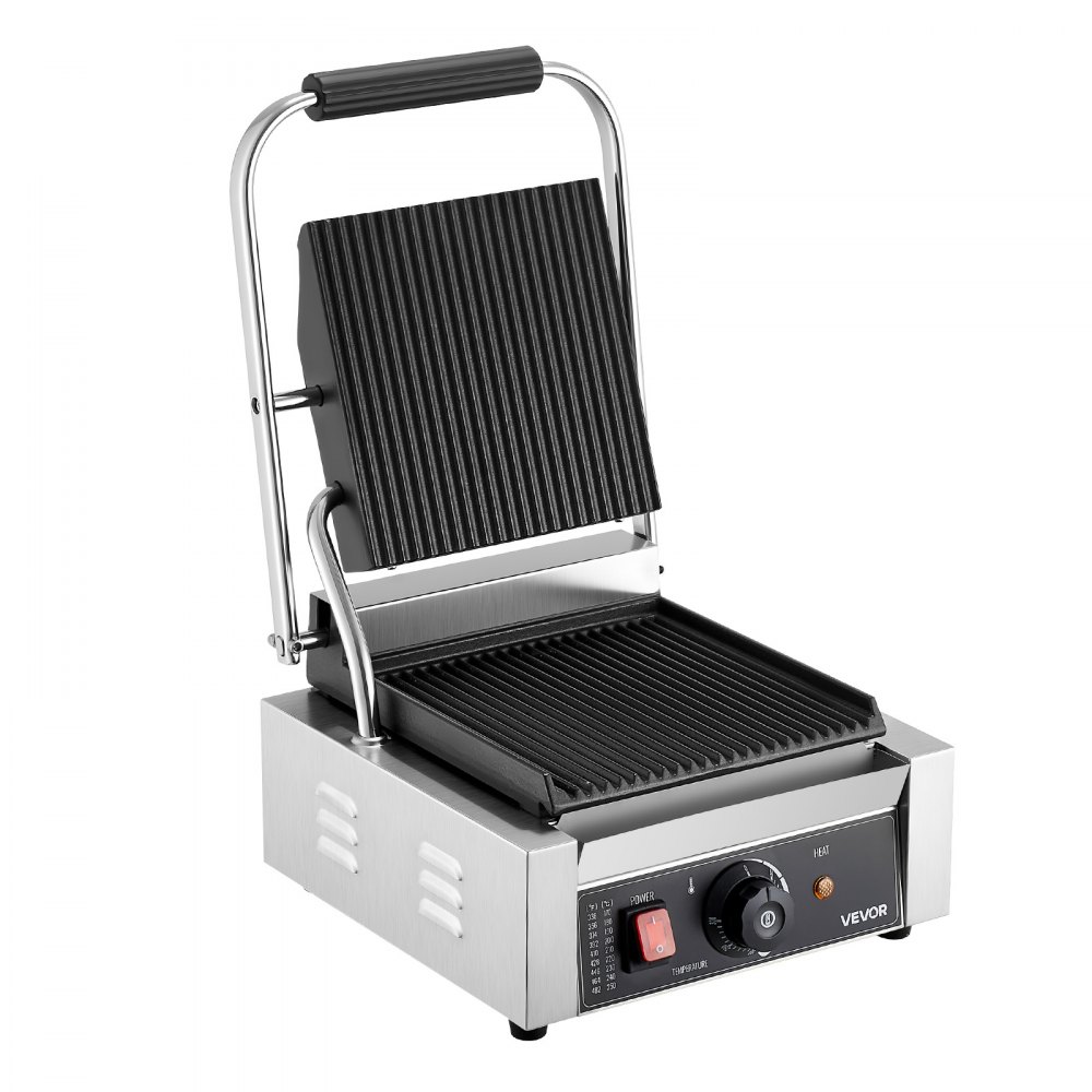 VEVOR Commercial Panini Grill, 1800W Electric Sandwich Panini Maker, Stainless Steel Sandwichs Press Grill with Handle and Temp Control, 22x23 cm Flat Enamel Plate, for Hamburger Steak Bacon