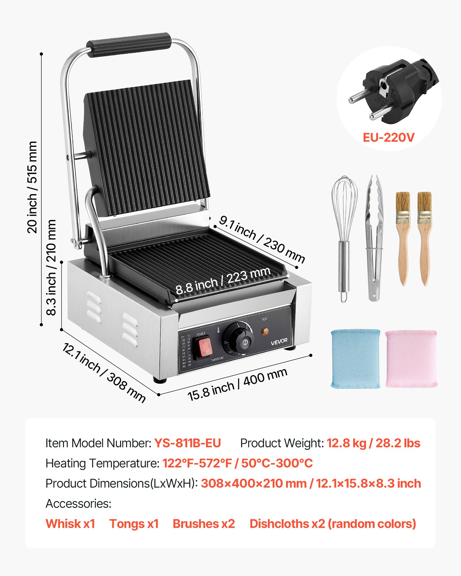 VEVOR Commercial Panini Grill, 1800W Electric Sandwich Panini Maker, Stainless Steel Sandwichs Press Grill with Handle and Temp Control, 22x23 cm Flat Enamel Plate, for Hamburger Steak Bacon