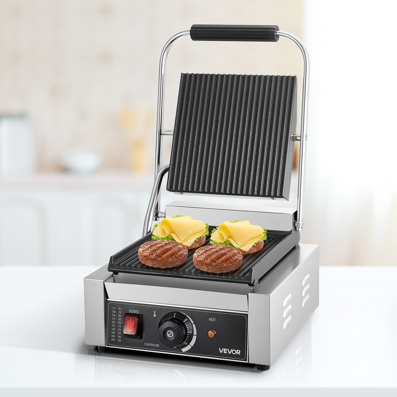 VEVOR Commercial Panini Grill, 1800W Electric Sandwich Panini Maker, Stainless Steel Sandwichs Press Grill with Handle and Temp Control, 22x23 cm Flat Enamel Plate, for Hamburger Steak Bacon