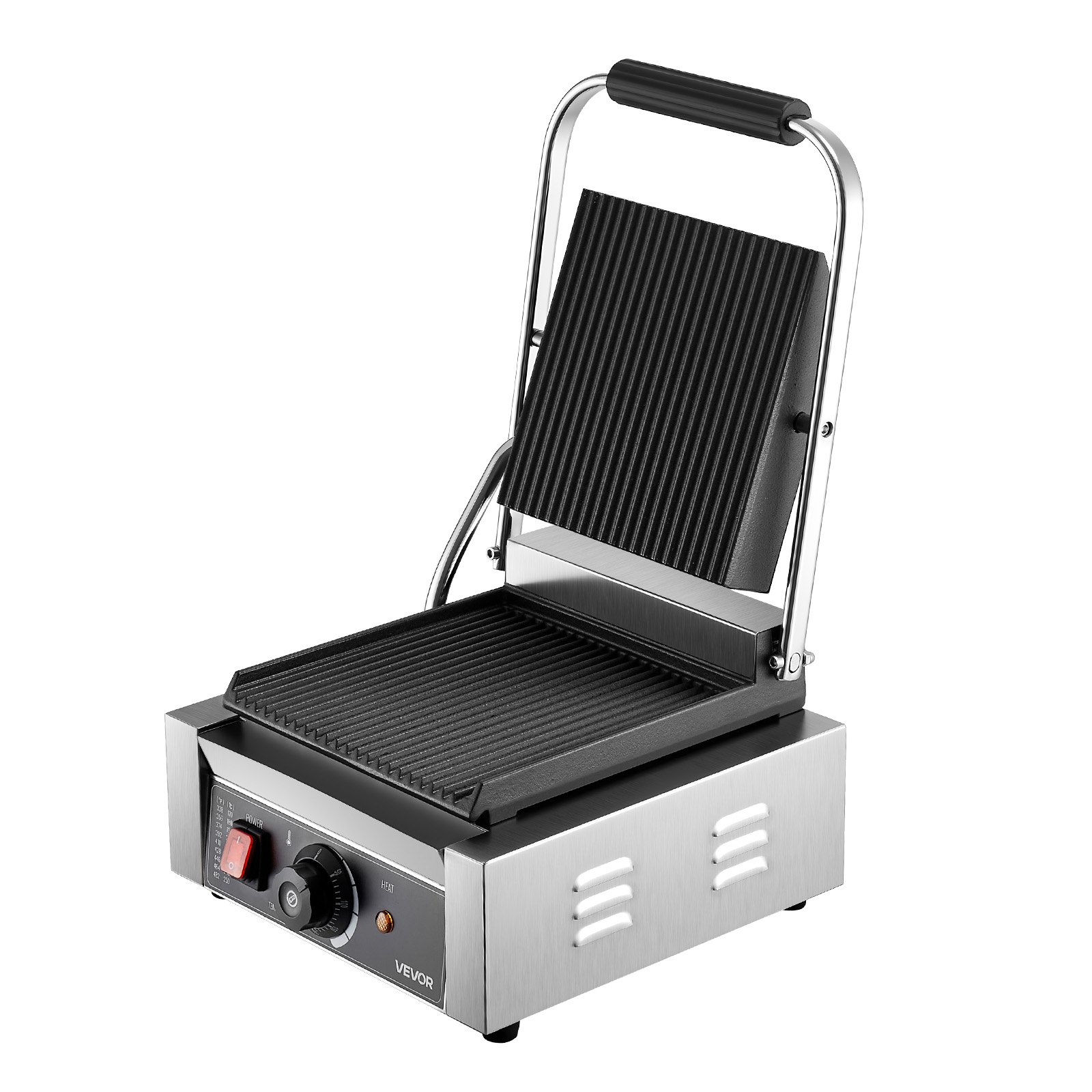 VEVOR Commercial Panini Grill, 1800W Electric Sandwich Panini Maker, Stainless Steel Sandwichs Press Grill with Handle and Temp Control, 22x23 cm Flat Enamel Plate, for Hamburger Steak Bacon