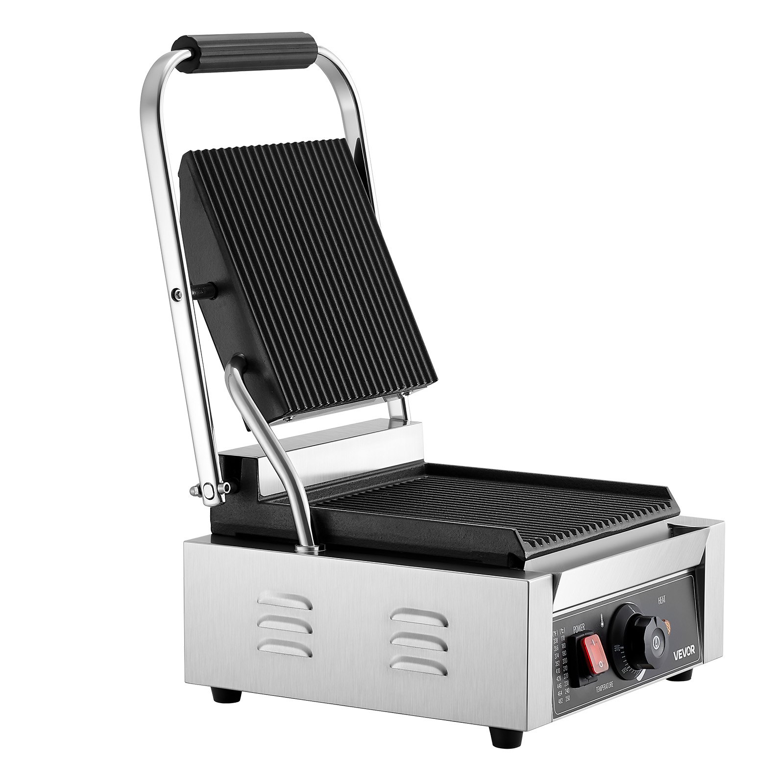 VEVOR Commercial Panini Grill, 1800W Electric Sandwich Panini Maker, Stainless Steel Sandwichs Press Grill with Handle and Temp Control, 22x23 cm Flat Enamel Plate, for Hamburger Steak Bacon