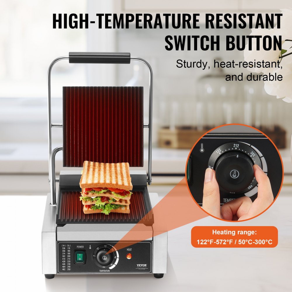VEVOR Commercial Panini Grill, 1800W Electric Sandwich Panini Maker, Stainless Steel Sandwich Press Grill, Panini Grill with Temp Control & 9"x9" Full Grooved Enamel Plate for Hamburger Steak Bacon