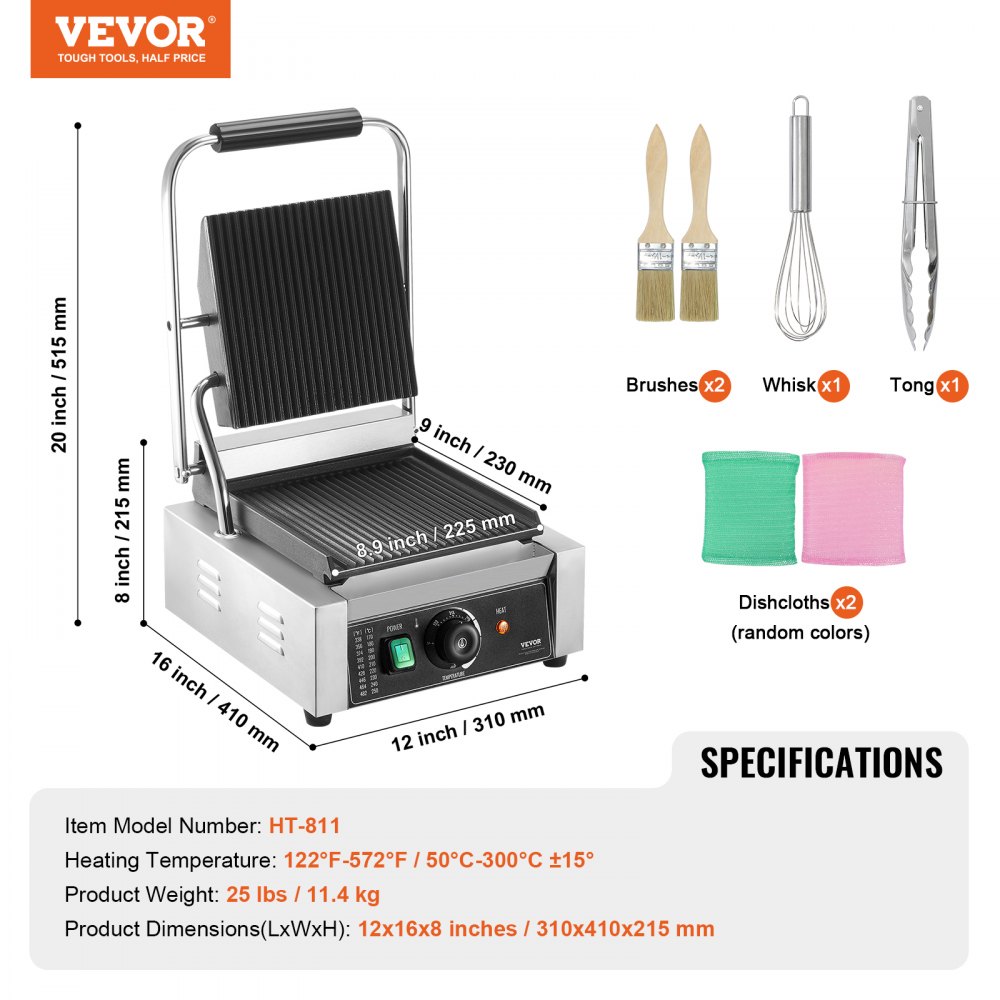 VEVOR Commercial Panini Grill, 1800W Electric Sandwich Panini Maker, Stainless Steel Sandwich Press Grill, Panini Grill with Temp Control & 9"x9" Full Grooved Enamel Plate for Hamburger Steak Bacon