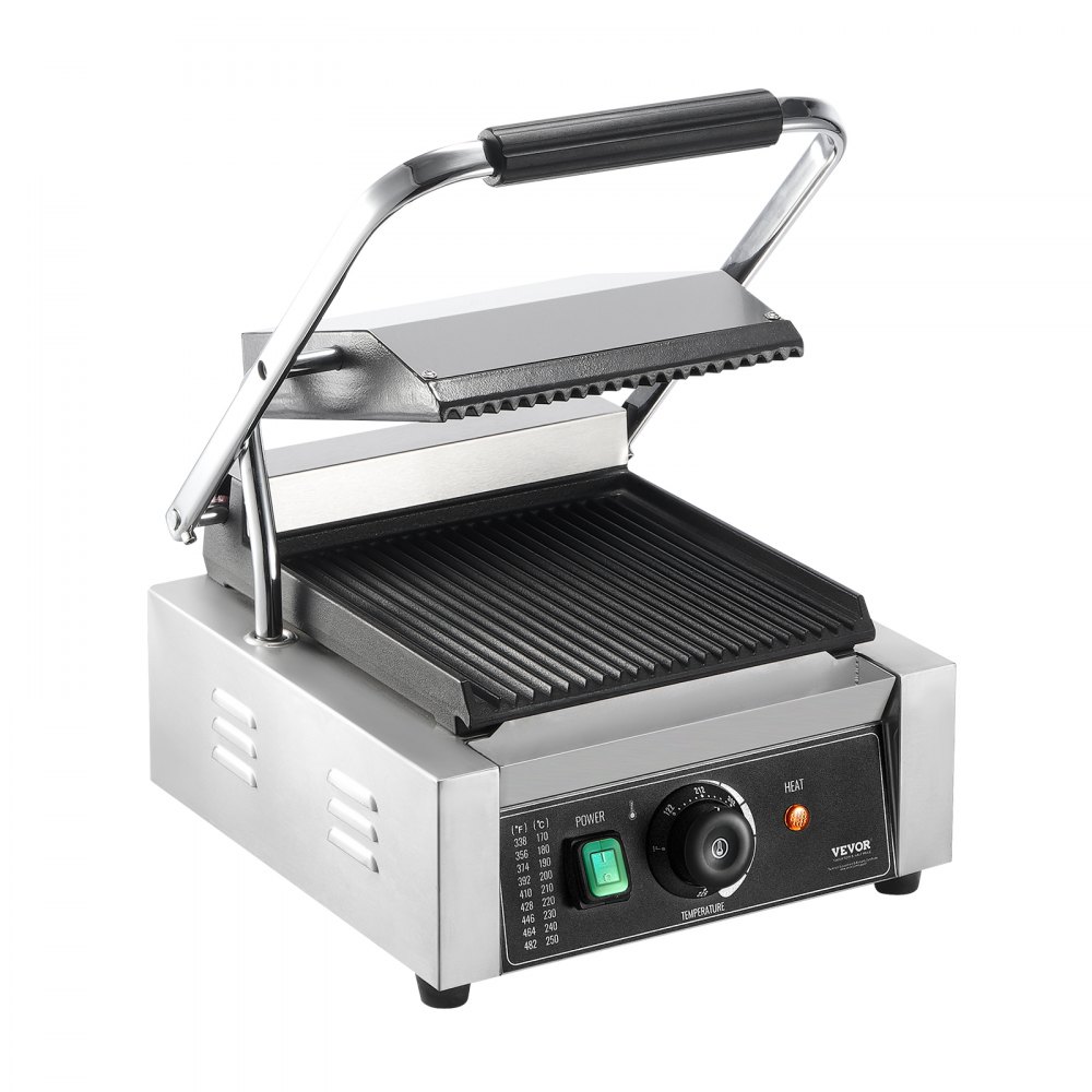 VEVOR Commercial Panini Grill, 1800W Electric Sandwich Panini Maker, Stainless Steel Sandwich Press Grill, Panini Grill with Temp Control & 9"x9" Full Grooved Enamel Plate for Hamburger Steak Bacon