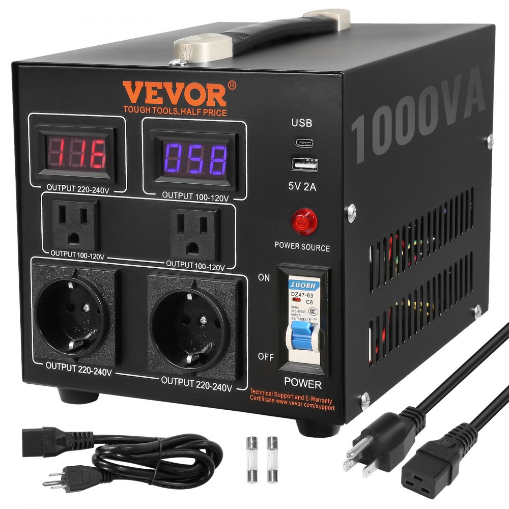 Transformátor měniče napětí VEVOR, 1000 W, Heavy Duty Step Up/Down Transformer, Převod ze 110 V na 220 V a z 220 V na 110 V, s US zásuvkou EU zásuvka 5V USB port, CE Certified