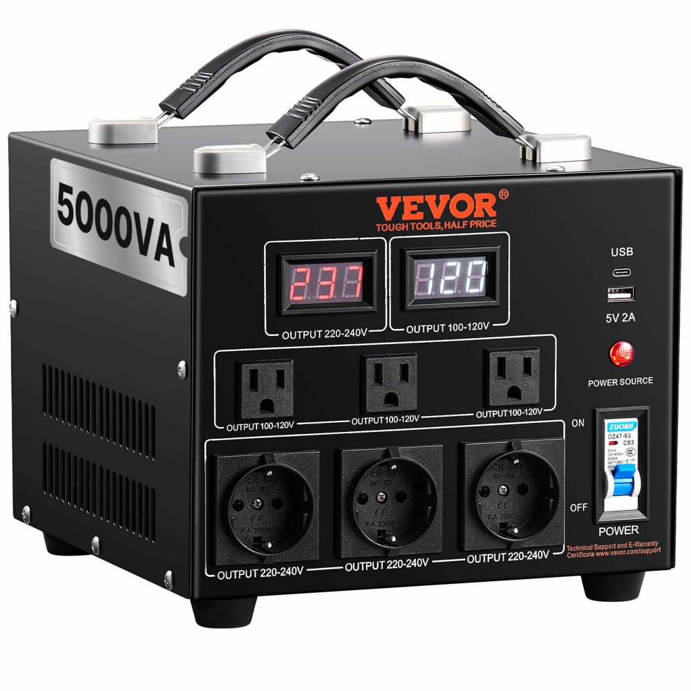 VEVOR Voltage Converter Transformer, 5000W, Heavy Duty Step Up/Down Transformer, Convert from 110 Volt to 220 Volt and  from 220 Volt to 110 Volt, with US Outlet EU Outlet 5V USB Port, CE Certified