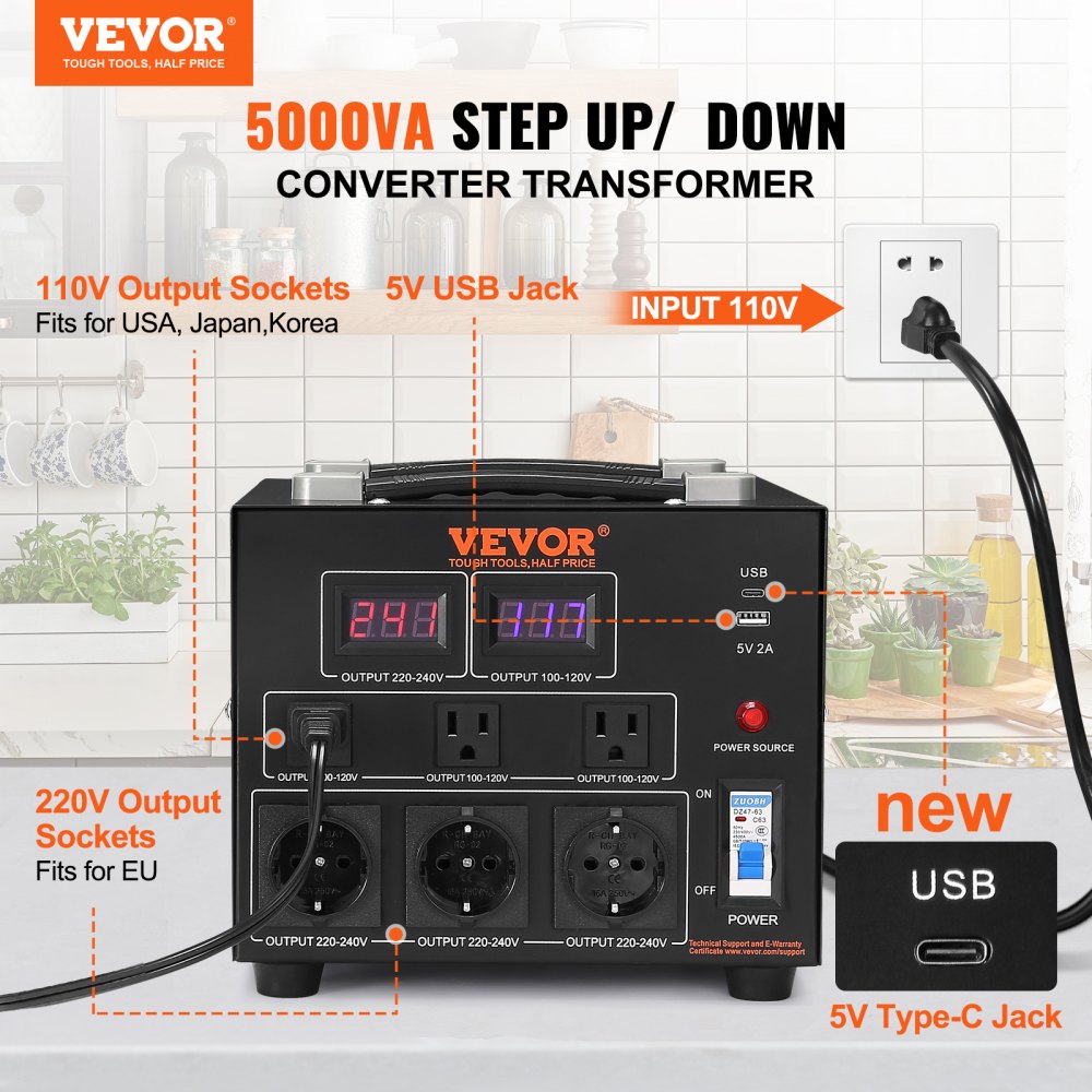 VEVOR VEVOR Voltage Converter Transformer, 5000W, Heavy Duty Step Up/Down  Transformer, Convert from 110 Volt to 220 Volt and from 220 Volt to 110  Volt, with US Outlet EU Outlet 5V USB