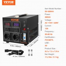 VEVOR Transformateur convertisseur de tension, 500 W, transformateur élévateur/descente robuste, convertit de 110 volts à 220 volts et de 220 volts à 110 volts, avec prise américaine, port USB 5 V, certifié CE