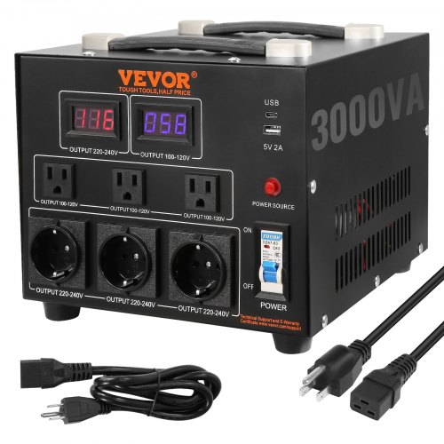 VEVOR Voltage Converter Transformer, 3000W, Heavy Duty Step Up/Down Transformer, Convert from 110 Volt to 220 Volt and  from 220 Volt to 110 Volt, with US Outlet EU Outlet 5V USB Port, CE Certified