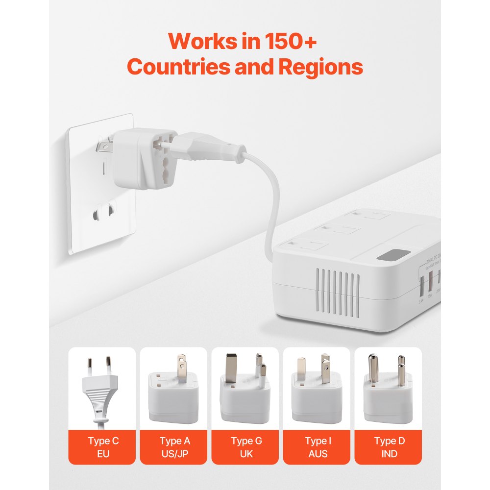 VEVOR Voltage Converter, 220V to 110V, International Universal Travel Adapter with 4 USB Ports (2 USB C), 3 AC Sockets, Plug Power Adapter, Step Down Transformer Outlet Converter, for EU UK AU US