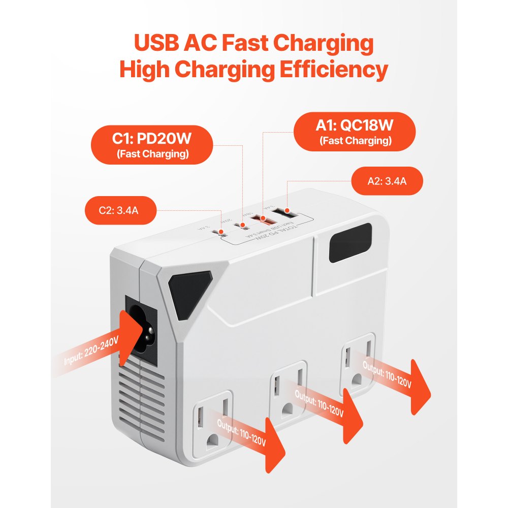 VEVOR Voltage Converter, 220V to 110V, International Universal Travel Adapter with 4 USB Ports (2 USB C), 3 AC Sockets, Plug Power Adapter, Step Down Transformer Outlet Converter, for EU UK AU US