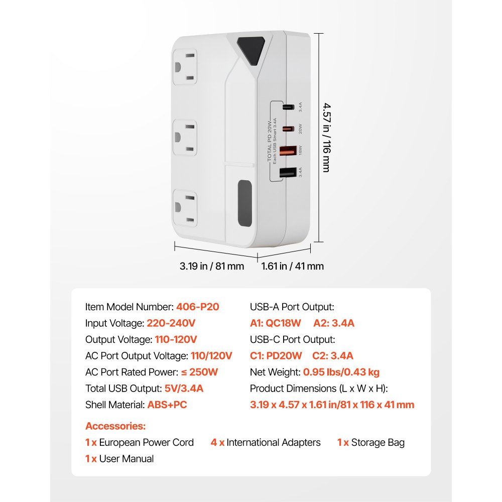 VEVOR Voltage Converter, 220V to 110V, International Universal Travel Adapter with 4 USB Ports (2 USB C), 3 AC Sockets, Plug Power Adapter, Step Down Transformer Outlet Converter, for EU UK AU US
