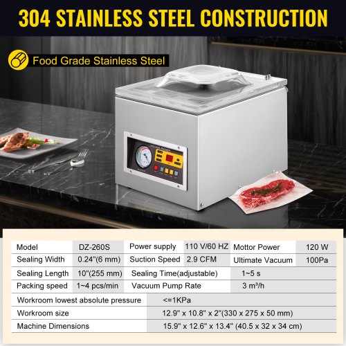 VEVOR Chamber Vacuum Sealer Machine DZ 260S Commercial Kitchen Food Chamber Vacuum Sealer, 110V Packaging Machine Sealer for Food Saver, Home, Commercial Using