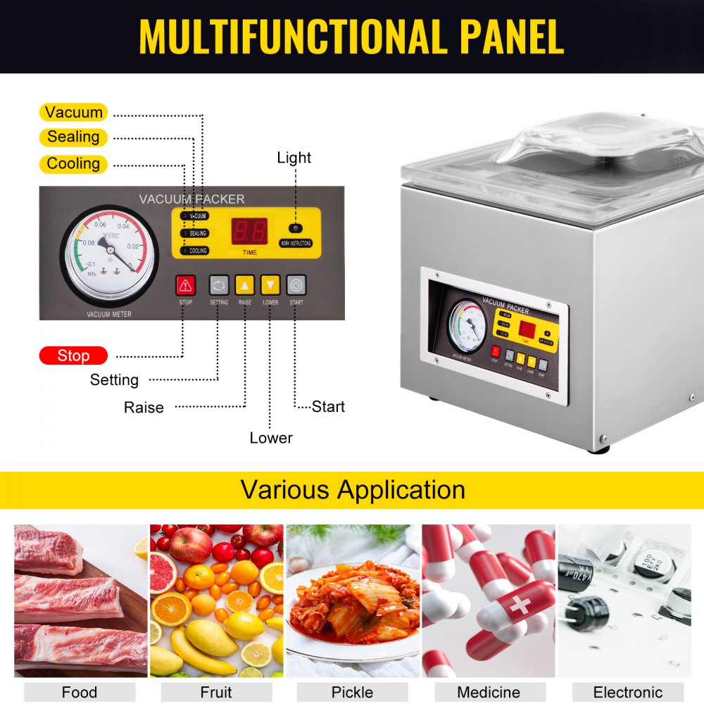VEVOR Vacuum Sealer 120W Vacuum Chamber Sealer with 25.5cm Sealing Bar Vacuum Packing Machine Commercial Grade Stainless Steel (DZ-260)