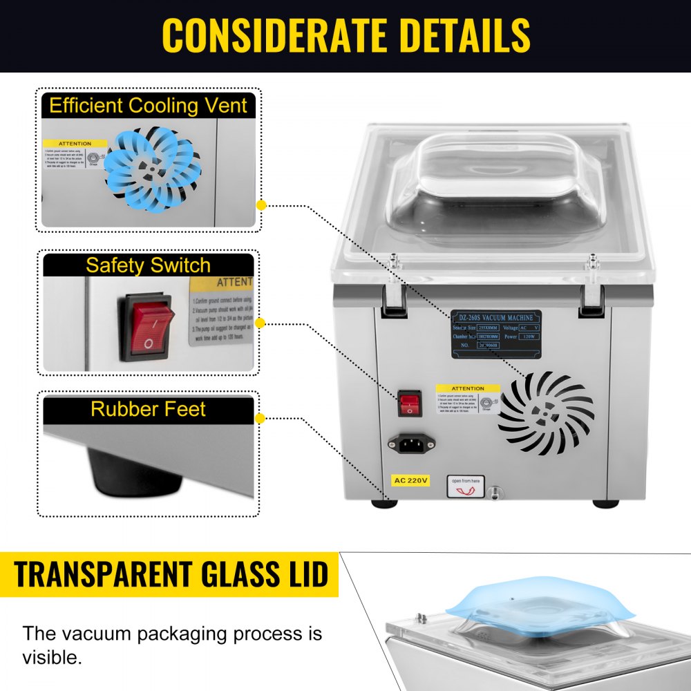 VEVOR Vacuum Sealer 120W Vacuum Chamber Sealer with 25.5cm Sealing Bar Vacuum Packing Machine Commercial Grade Stainless Steel (DZ-260)