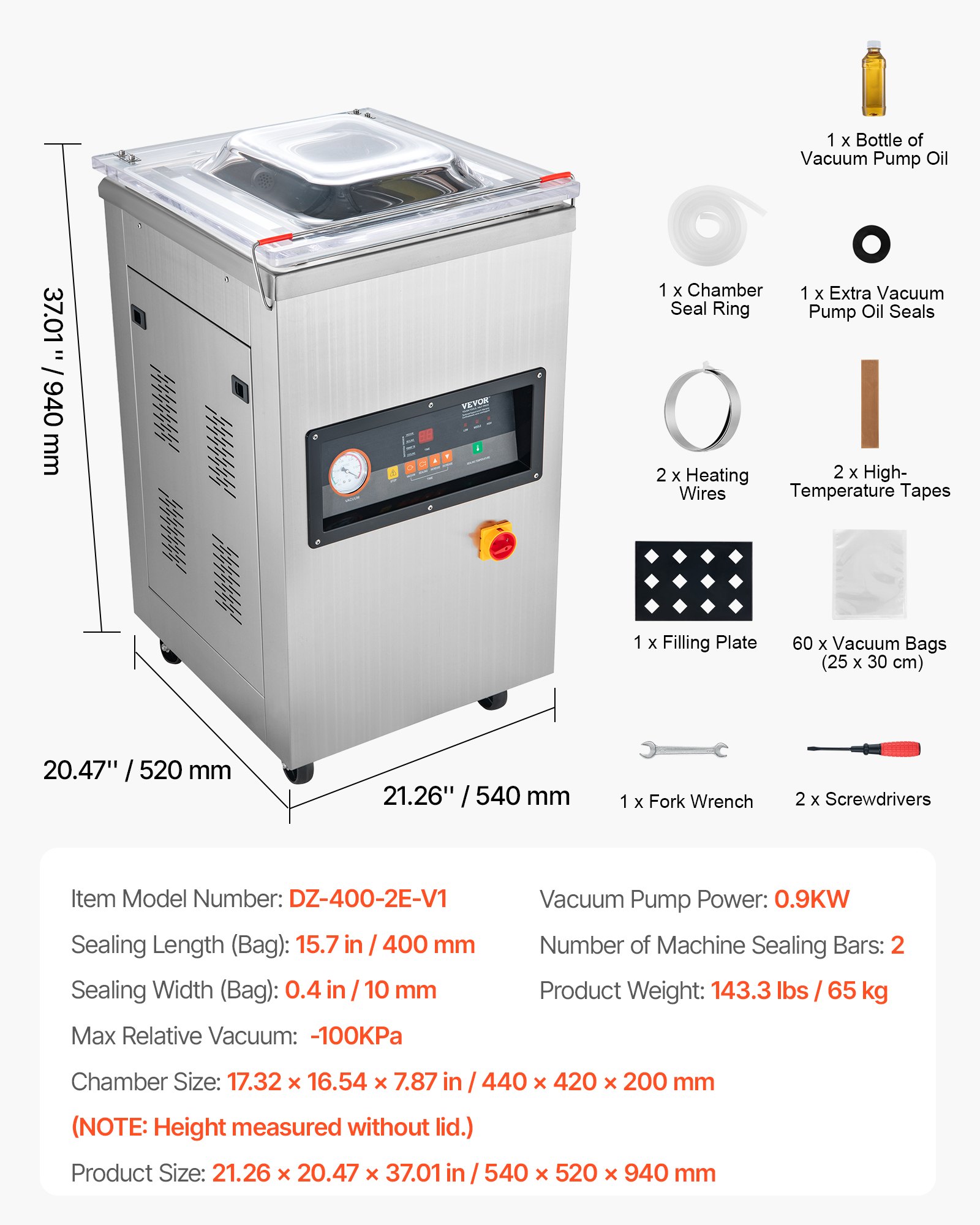 VEVOR Chamber Vacuum Sealer, 900W Sealing Power, Vacuum Packing Machine for Wet Foods, Meats, Marinades and More, Compact Size with 15.7 in Sealing Length, Applied in Home Kitchen and Commercial Use