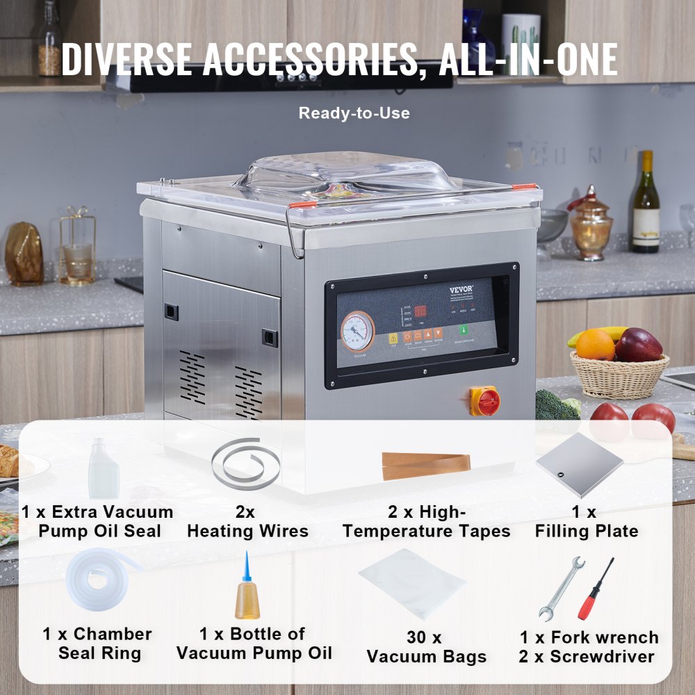 VEVOR Chamber Vacuum Sealer, 1000W Sealing Power, Vacuum Packing Machine for Wet Foods, Meats, Marinades and More, Compact Size with 400 mm Sealing Length, Applied in Home Kitchen and Commercial Use