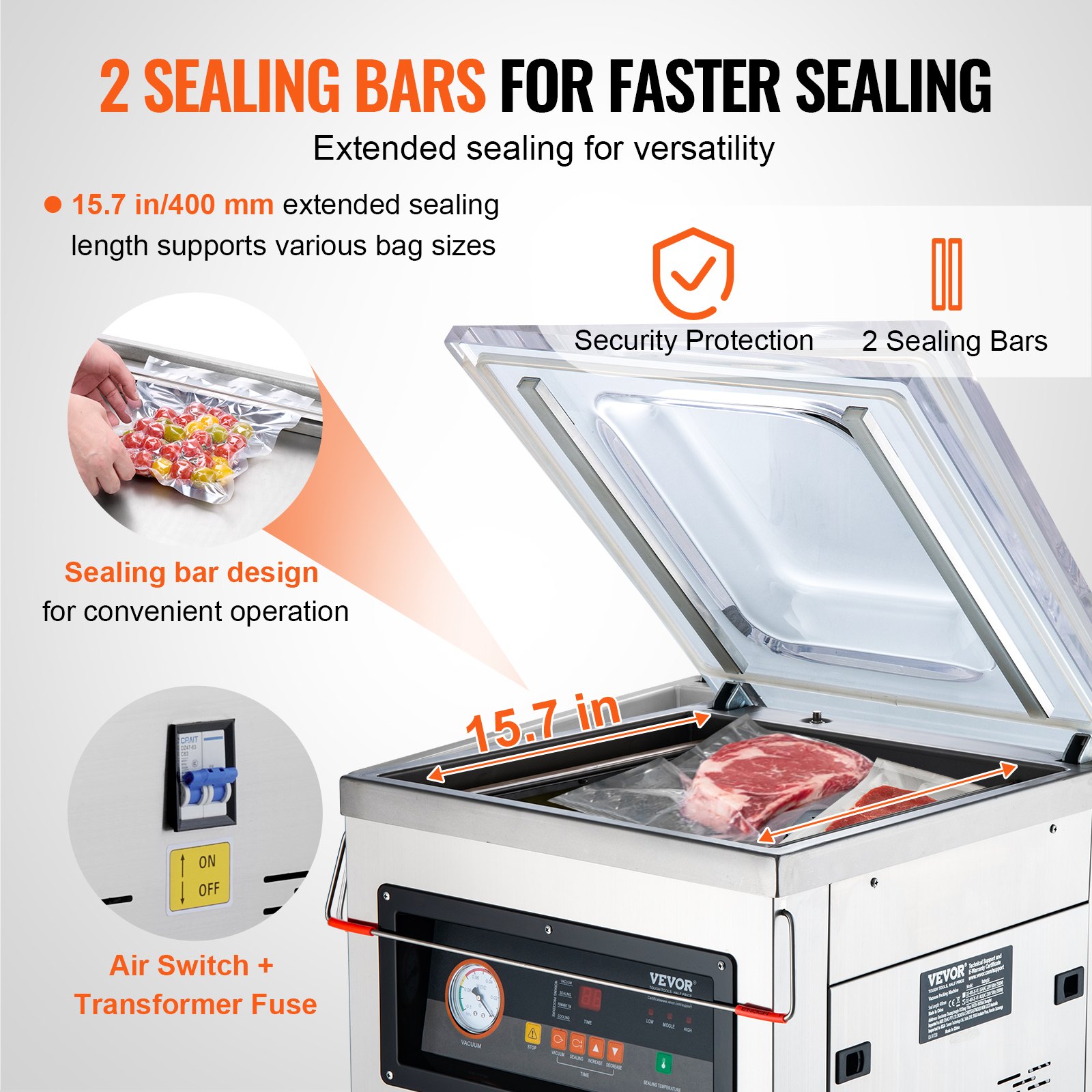 VEVOR Chamber Vacuum Sealer, 1000W Sealing Power, Vacuum Packing Machine for Wet Foods, Meats, Marinades and More, Compact Size with 400 mm Sealing Length, Applied in Home Kitchen and Commercial Use