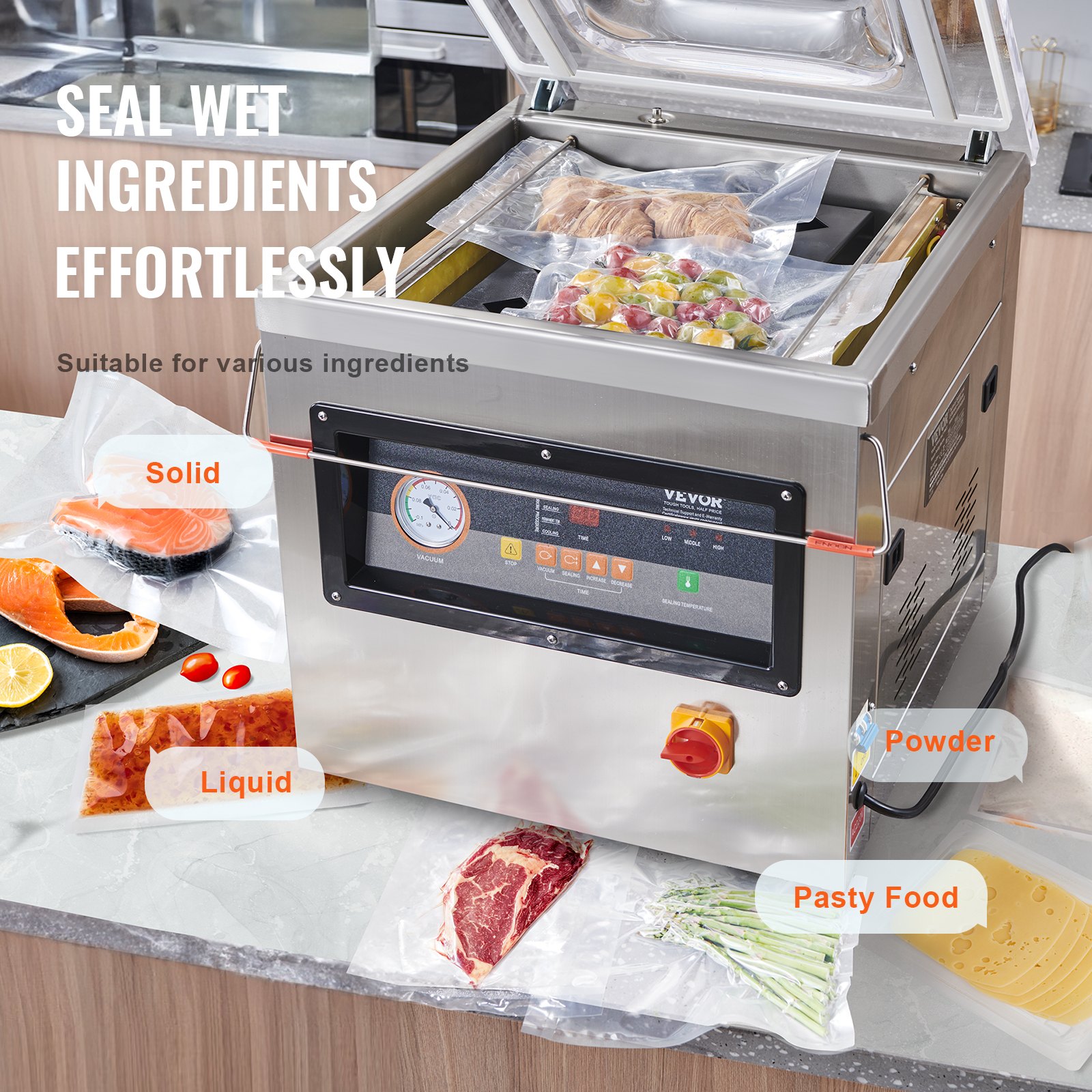VEVOR Chamber Vacuum Sealer, 1000W Sealing Power, Vacuum Packing Machine for Wet Foods, Meats, Marinades and More, Compact Size with 400 mm Sealing Length, Applied in Home Kitchen and Commercial Use