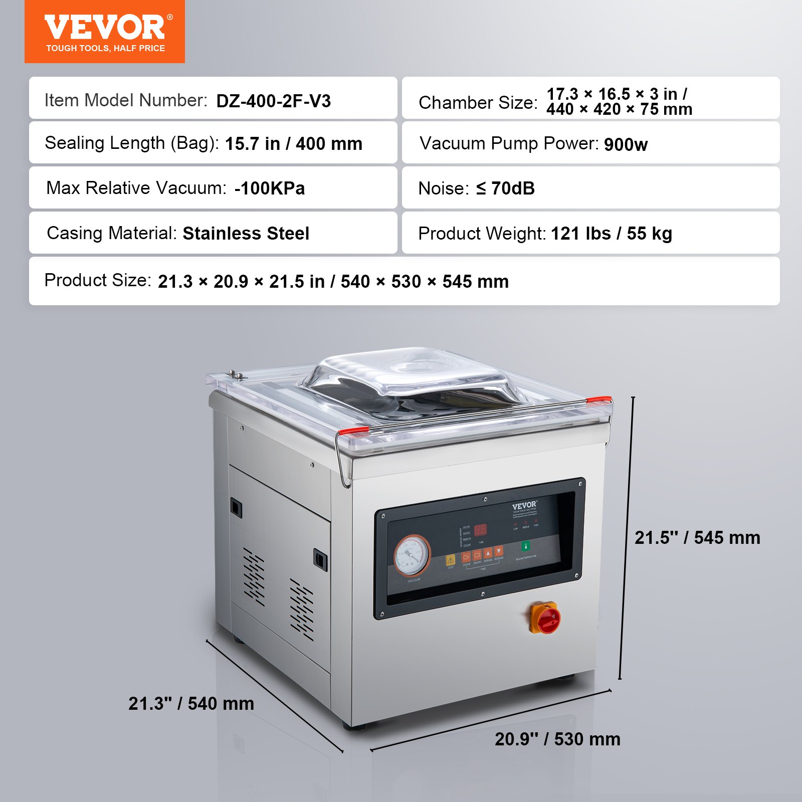 VEVOR Chamber Vacuum Sealer, 1000W Sealing Power, Vacuum Packing Machine for Wet Foods, Meats, Marinades and More, Compact Size with 400 mm Sealing Length, Applied in Home Kitchen and Commercial Use