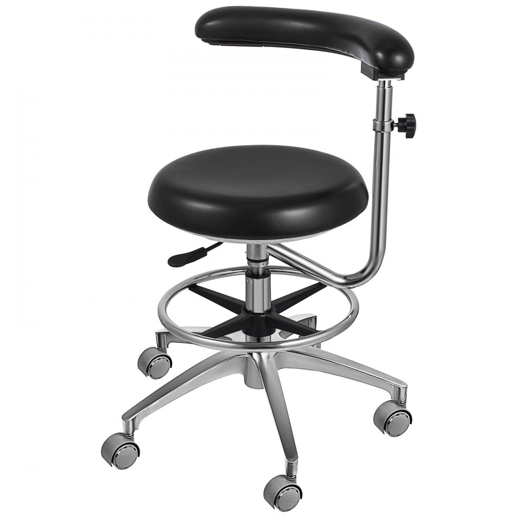 VEVOR dental stool with adjustable backrest and chrome base, featuring five swivel wheels.