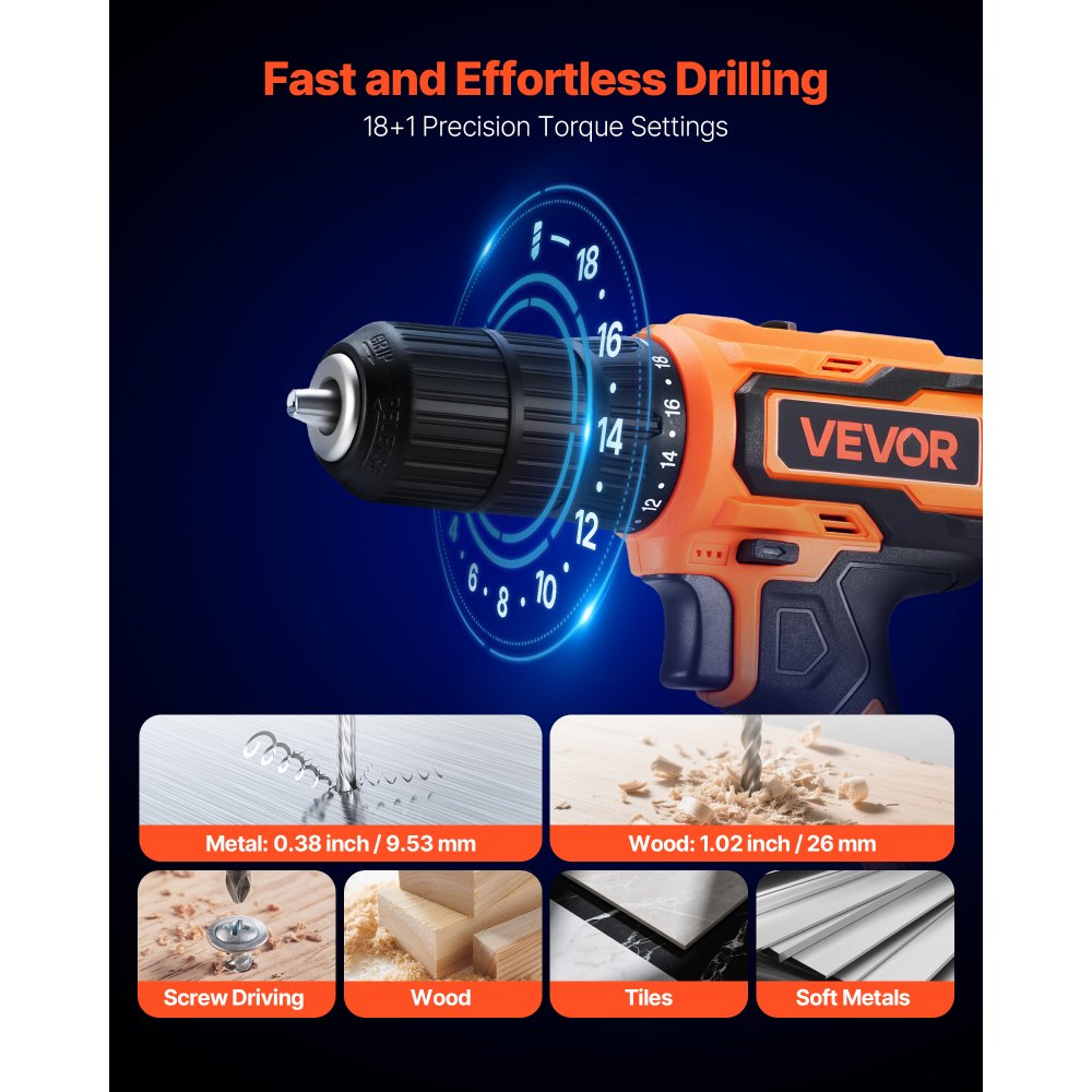 VEVOR Cordless Drill Driver, 1/2 inch Metal Chuck, Dual-Speed Variable, Drill Driver Kit with Lithium Battery and Charger, Belt Clip, for Wood and Metal Drilling, Screw Tightening or Loosening