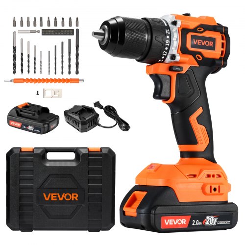 VEVOR Cordless Drill Driver, 1/2 inch Metal Chuck, Brushless Motor, Dual-Speed Variable, Drill Driver Kit with Lithium Battery and Charger, Tool Box, for Wood and Metal Drilling, Screw Driving