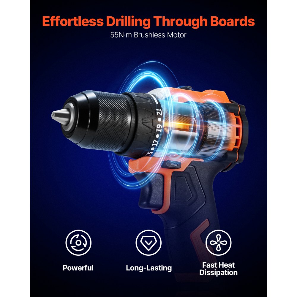 VEVOR Cordless Drill Driver, 1/2 inch Metal Chuck, Brushless Motor, Dual-Speed Variable, Drill Driver Kit with Lithium Battery and Charger, Tool Box, for Wood and Metal Drilling, Screw Driving